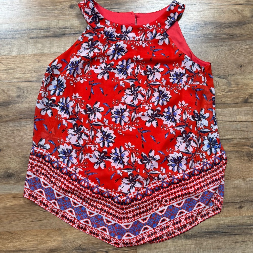 Alyx Womens Red Floral Geometric Sharkbite‎ Hem Sleeveless Blouse Size Small